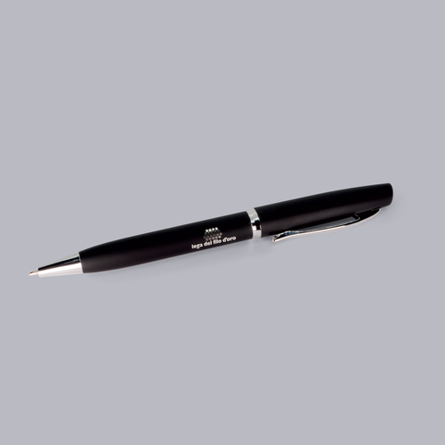 Penna soft-touch nera con logo Lega del Filo d'Oro argentato