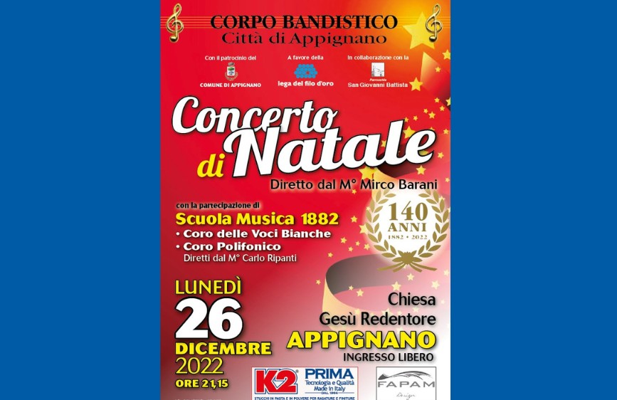 La locandina promuove il tradizionale Concerto di Natale organizzato dal Corpo Bandistico “Città di Appignano”, diretto dal Maestro Mirco Barani, con il patrocinio del Comune e a favore della Lega del Filo d’Oro. L’evento si è tenuto il 26 dicembre 2022 nella Chiesa Gesù Redentore di Appignano, con ingresso libero. Hanno partecipato la Scuola di Musica 1882, il Coro delle Voci Bianche e il Coro Polifonico, diretti dal Maestro Carlo Ripanti. La locandina evidenzia inoltre i 140 anni di attività del corpo bandistico, un traguardo importante celebrato anche in questa occasione musicale e solidale.