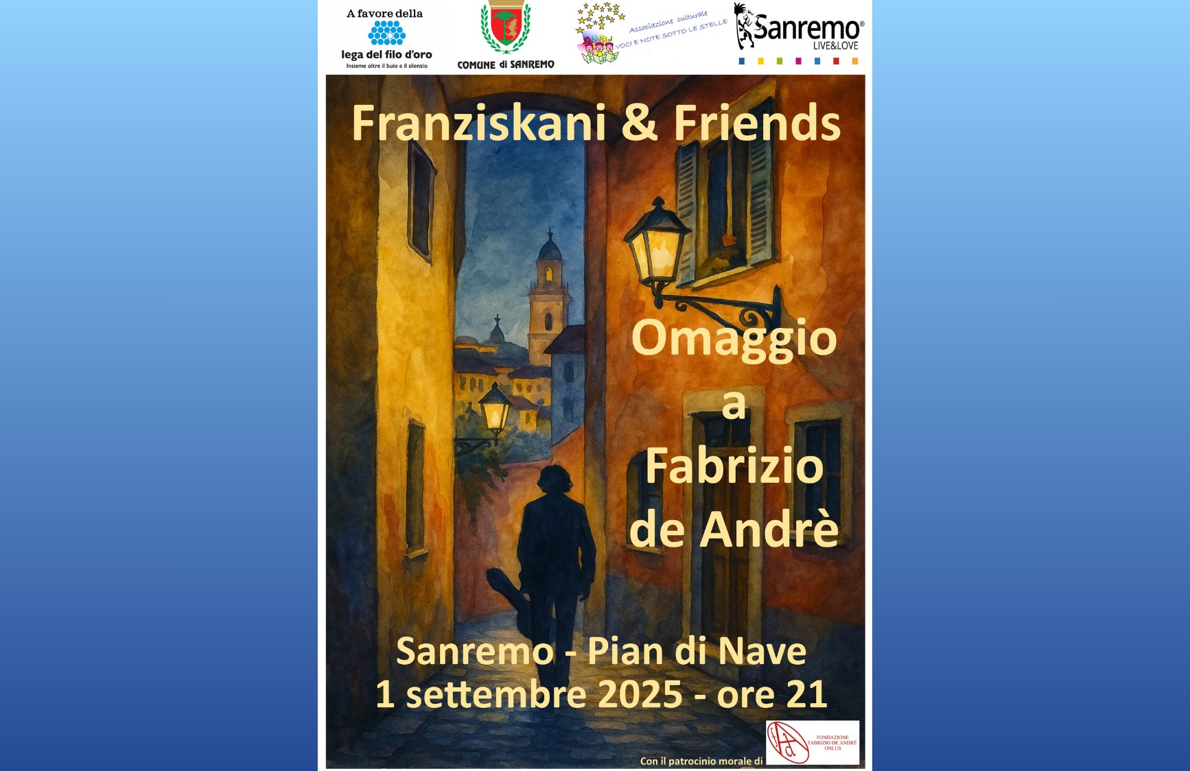 Locandina del concerto tributo a De Andrè dei gruppo Franziskani& Friends- immagine di un chitarrista che cammina in un vicolo di Genova