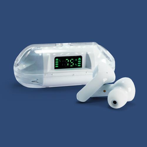 Auricolari Wireless bianchi con custodia di ricarica e display che mostra la carica rimanente
