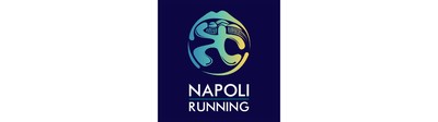 Logo stilizzato di Napoli Running con silhouette di un corridore e profilo del Vesuvio; colori sfumati su sfondo blu scuro. 
