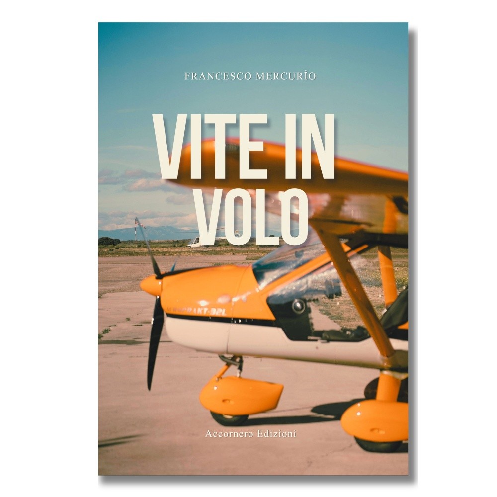 Copertina del libro Vite in volo di Francesco Mercurio. In primo piano un aereo ultraleggero giallo e bianco parcheggiato su una pista aeroportuale, ripreso lateralmente. Sullo sfondo cielo azzurro e montagne. Il titolo è sovrapposto in grandi lettere bianche.