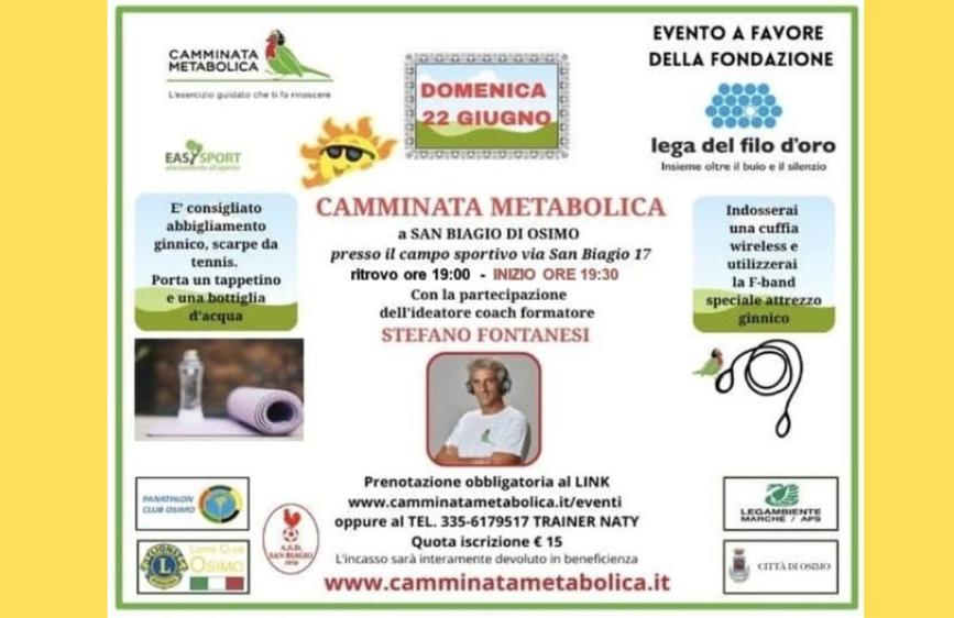 Locandina evento sportivo di Camminata metabolica previsto per il 22/06/25 alle ore 19,30 al Campo Sportivo San Biagio di Osimo con immagini rappresentative dell'attività, come attrezzi ginnici