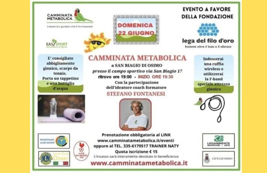 Locandina evento sportivo di Camminata metabolica previsto per il 22/06/25 alle ore 19,30 al Campo Sportivo San Biagio di Osimo con immagini rappresentative dell'attività, come attrezzi ginnici