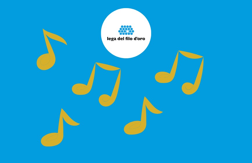 L'immagine mostra uno sfondo blu brillante con il logo della "Lega del Filo d'Oro" in un cerchio bianco in alto al centro. Disseminate sullo sfondo, ci sono sei note musicali stilizzate di colore giallo oro, che sembrano fluttuare liberamente.