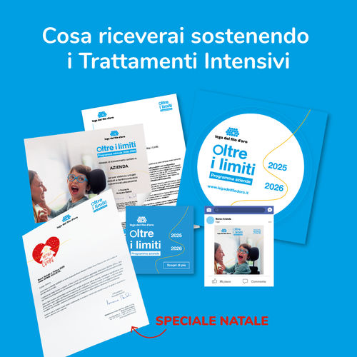 L'immagine mostra i materiali che riceve come riconoscimento l'azienda che sceglie di sostenere i Trattamenti Intensivi della Lega del Filo d'Oro - attestato, lettera di ringraziamento, post social, lettera dono personalizzata... 22