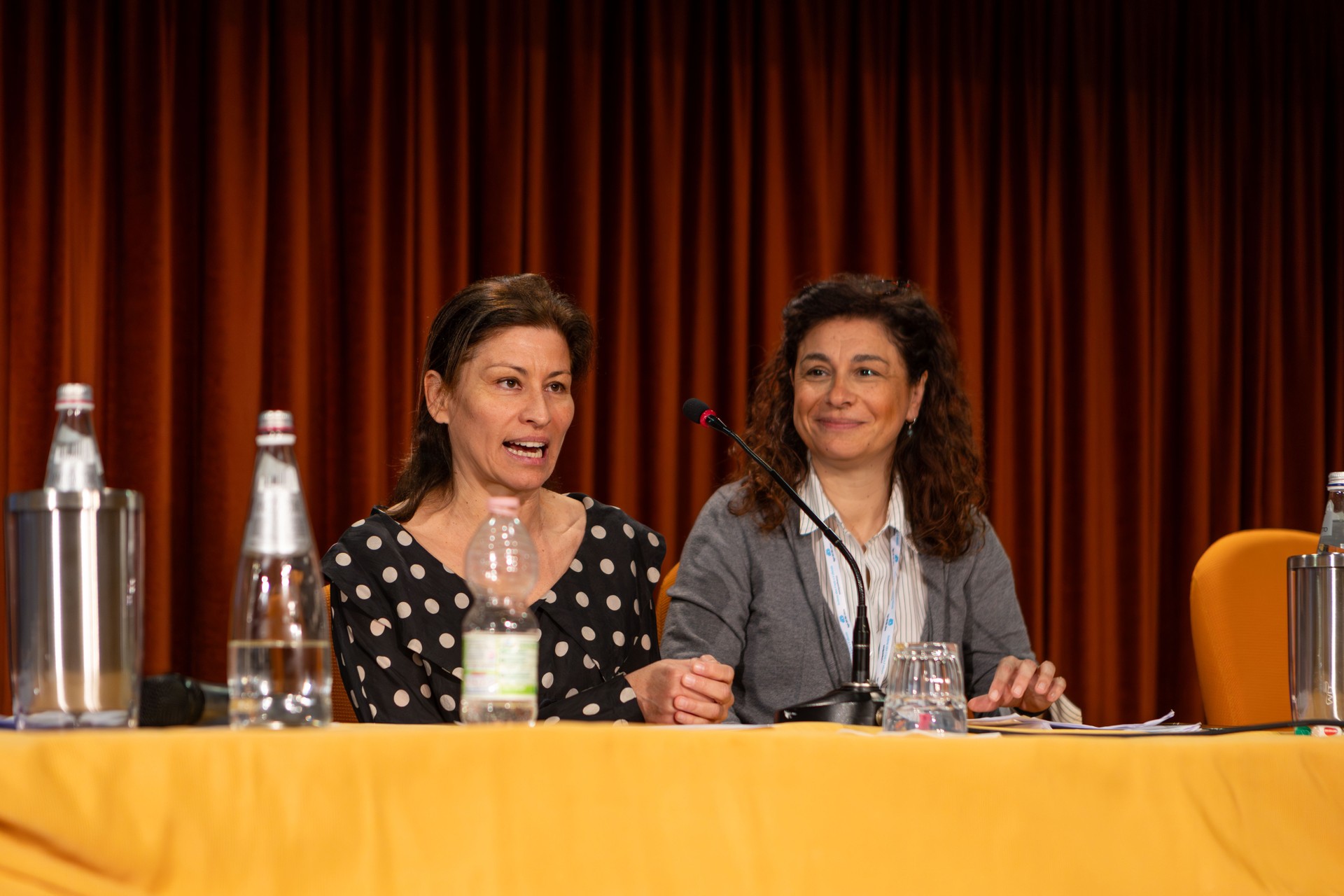 Marzia, ch edi professione oggi fa la fisioterapista, lascia la sua testimonianza alla Conferenza delle Persone Sordocieche a Cervia. Al suo fianco, Eleonora Foini, Assistente Sociale del Servizio Territoriale della Lega del Filo d'Oro di Lesmo.