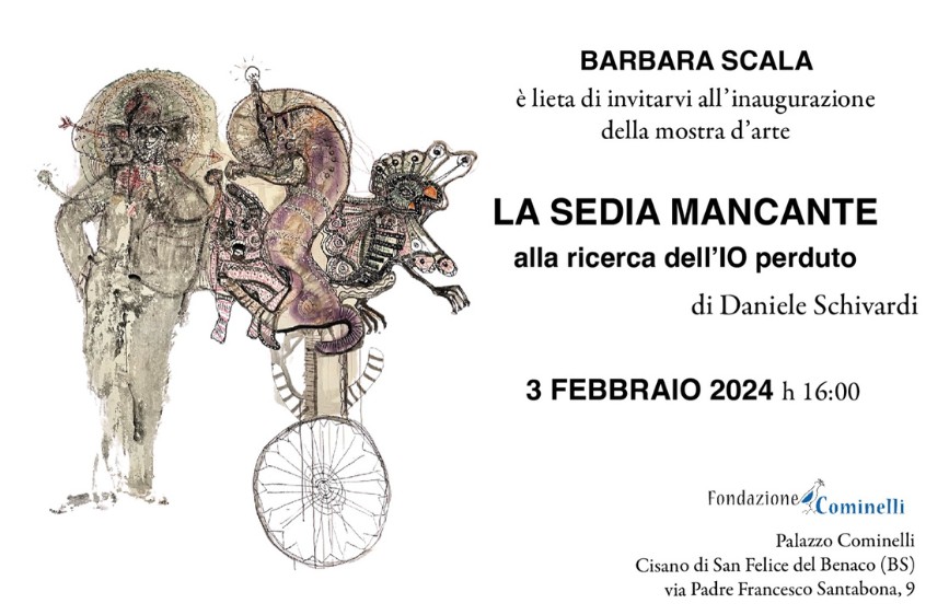 Invito alla mostra d’arte ‘La sedia mancante’ di Daniele Schivardi, con illustrazione astratta e testi informativi. Inaugurazione il 3 febbraio 2024 presso Palazzo Cominelli, Brescia.