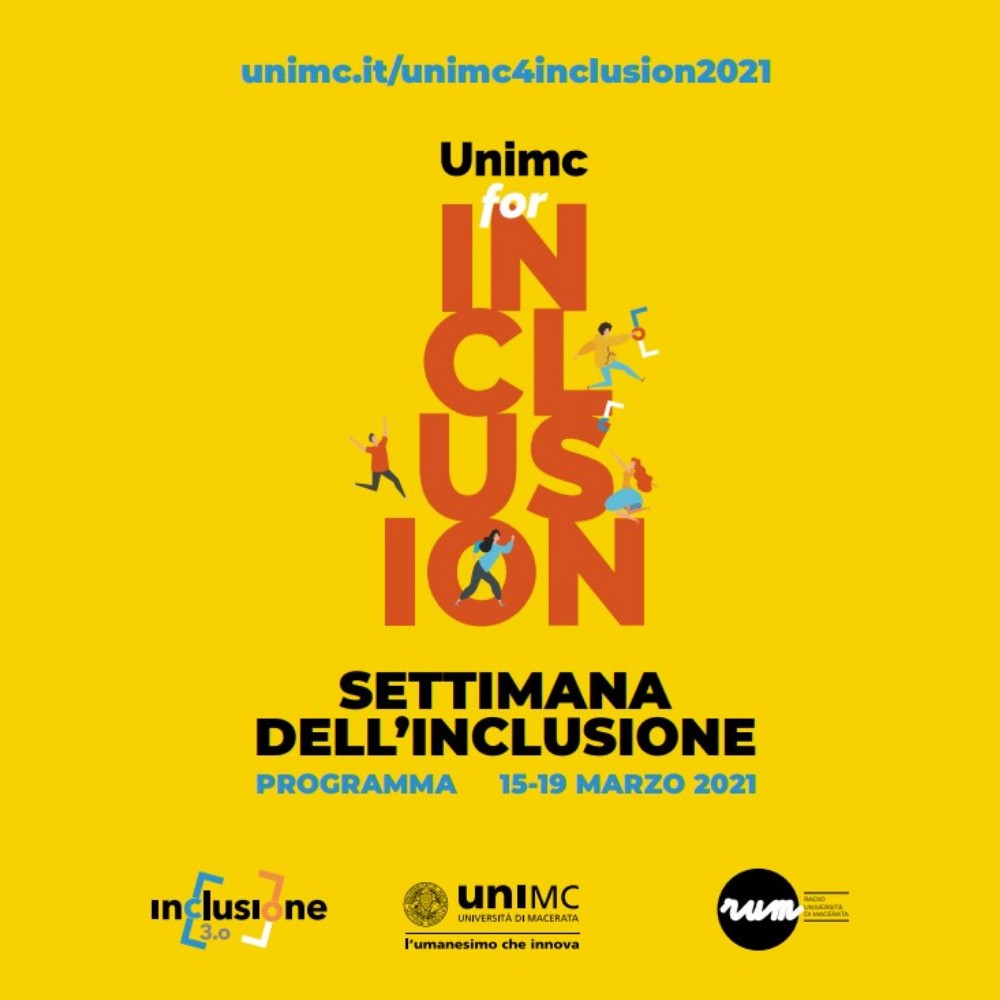 Su sfondo giallo, la scritta INCLUSION appare stilizzata e arancione, mentre in piccolo sono scritti i dettagli dell'evento.
