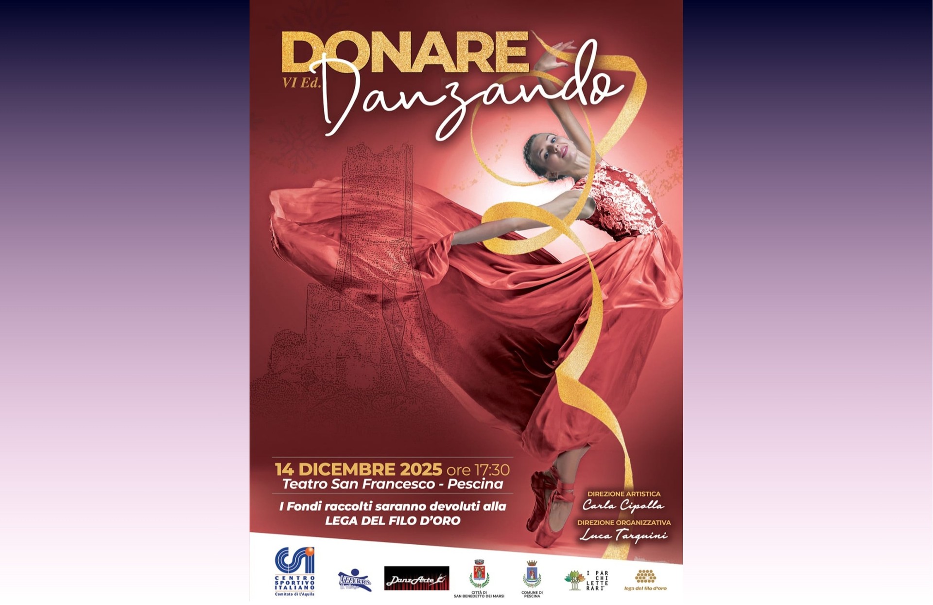 Locandina evento Donare Danzando con ballerina con vestito lungo rosso 