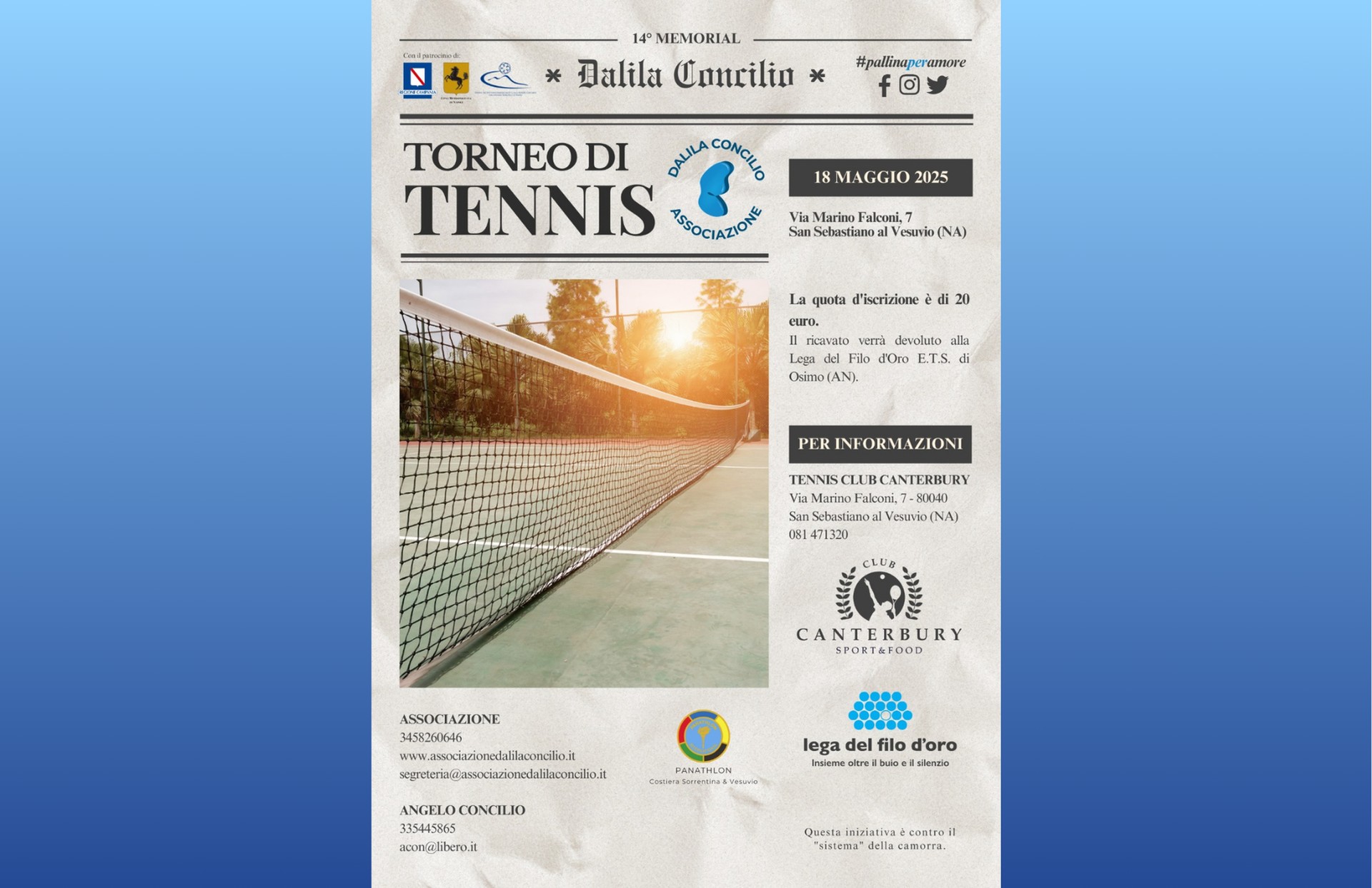 Locandina del 14° Memorial “Dalila Concilio” – Torneo di Tennis, che si svolgerà il 18 maggio 2025 a San Sebastiano al Vesuvio (NA). Al centro, una foto di un campo da tennis al tramonto. In basso, i loghi di partner e associazioni, tra cui Lega del Filo d’Oro. 