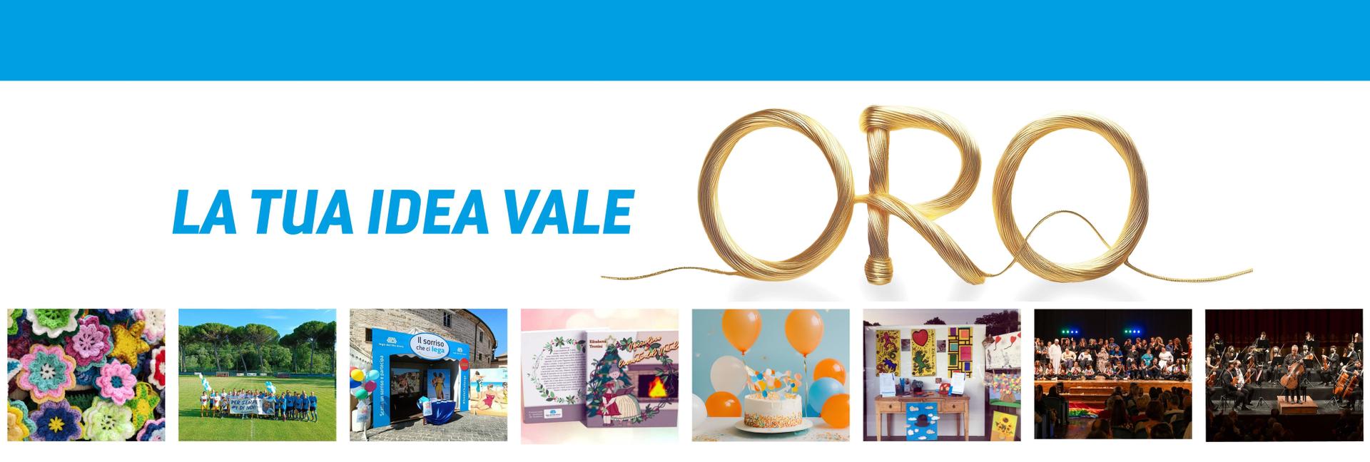 Grafica promozionale della "Lega del Filo d’Oro" con lo slogan “La tua idea vale oro”. La parola “ORO” è formata da un filo dorato intrecciato. Nella parte inferiore ci sono varie fotografie: lavori all’uncinetto, eventi all’aperto, un ingresso decorato, donazioni, concerti e festeggiamenti. Al centro è visibile il logo della Lega del Filo d’Oro con lo slogan “Insieme oltre il buio e il silenzio”. L’immagine promuove la creatività come valore solidale. 