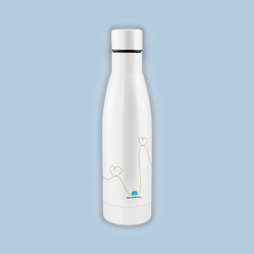 Borraccia termica bianca, in acciaio, da 500 ml, decorata con il logo della Lega del Filo d'Oro e una grafica di un filo dorato che disegna dei cuori tutto intorno.