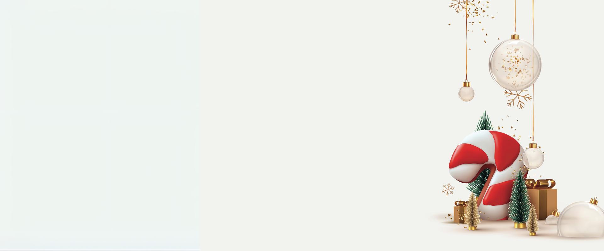 Grafica 3D su sfondo bianco di un candy stick circondato da fiocchi di neve dorati e abeti natalizi