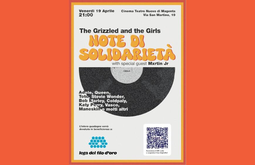 Locandina del concerto benefico ‘Note di Solidarietà’ con The Grizzled and the Girls e Mxrtn Jr, il 19 aprile al Cinema Teatro Nuovo di Magenta. In favore della Lega del Filo d’Oro.