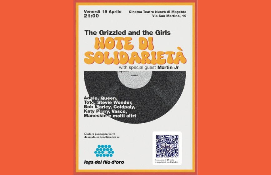 Locandina del concerto benefico ‘Note di Solidarietà’ con The Grizzled and the Girls e Mxrtn Jr, il 19 aprile al Cinema Teatro Nuovo di Magenta. In favore della Lega del Filo d’Oro.