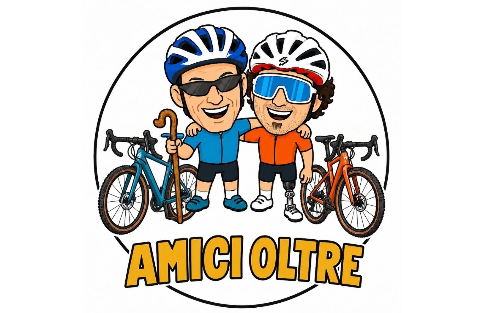 ALT TEXT PER QUESTA IMMAGINE Illustrazione in stile cartoon di due ciclisti sorridenti, con caschi e occhiali da ciclismo, in posa amichevole accanto alle rispettive biciclette da corsa. Uno dei due utilizza una protesi alla gamba e tiene un bastone da trekking. L’immagine è racchiusa in un cerchio e presenta la scritta “AMICI OLTRE” in caratteri gialli nella parte inferiore