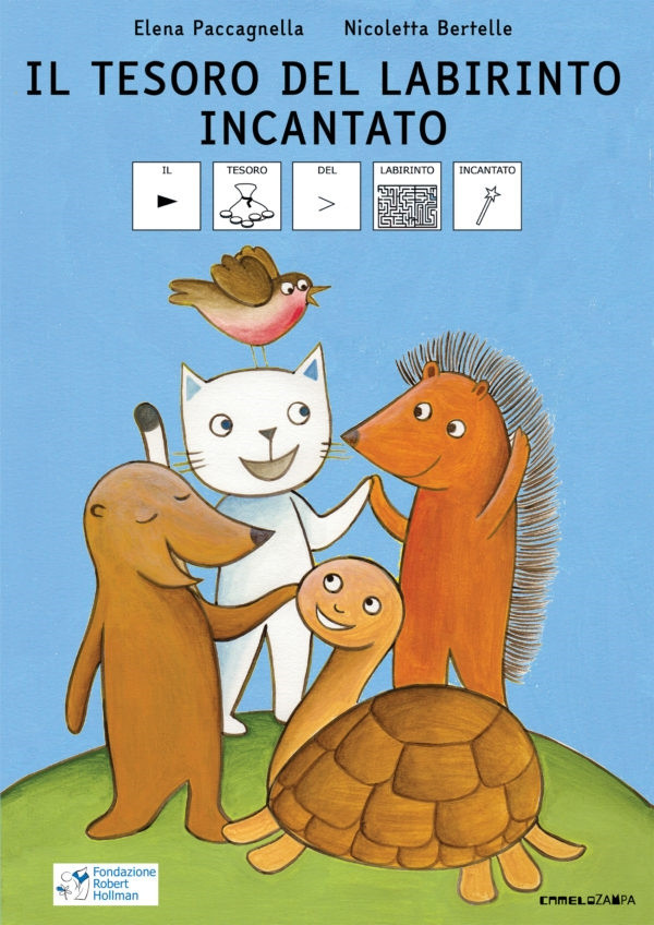 Copertina del Libro: Il Tesoro del Labirinto incantato, rappresentata da 4 piccoli animaletti, tra cui una tartaruga, un gatto e un tasso