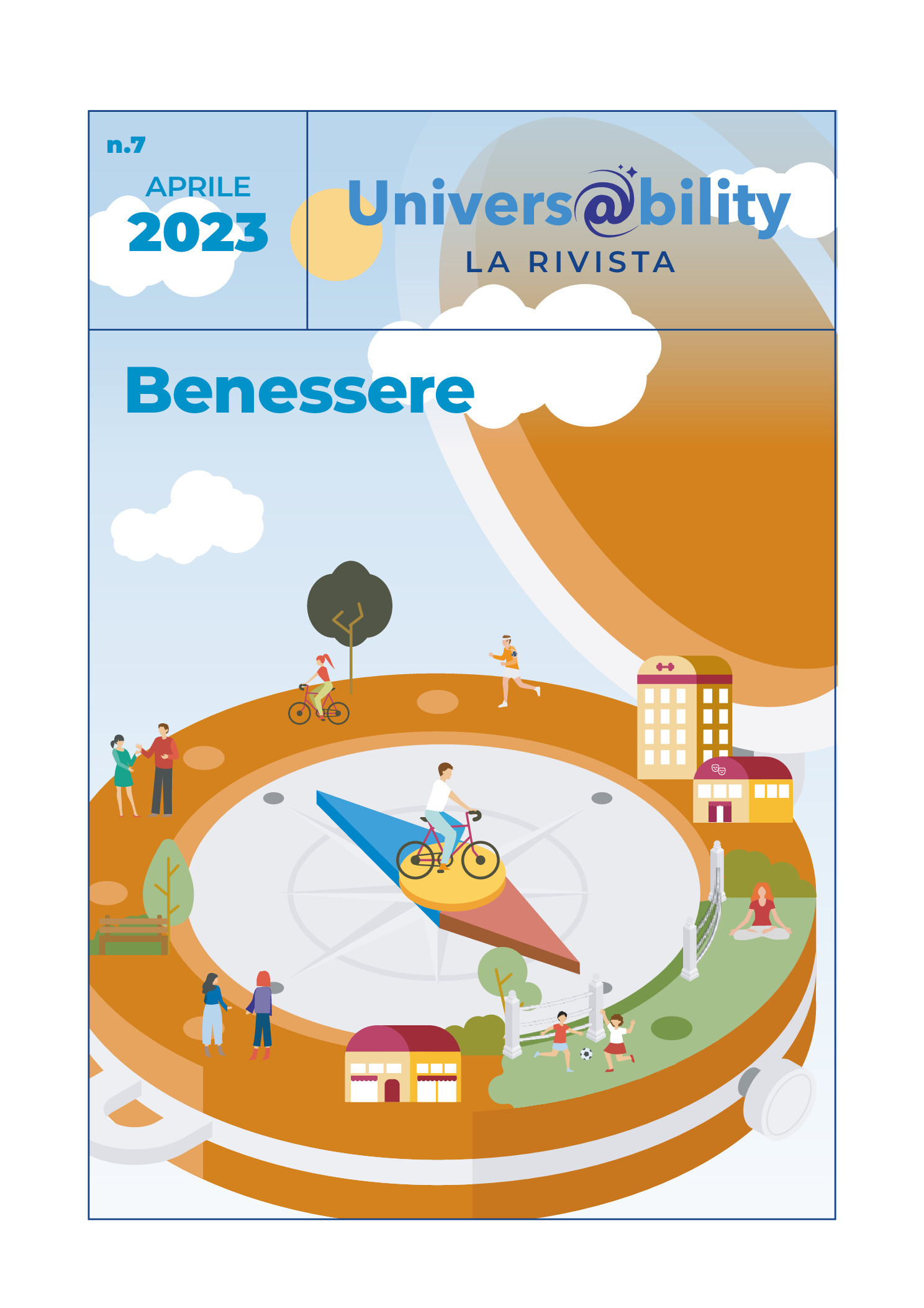 Copertina del libro "Il benessere dei siblings: essere fratelli e sorelle di persone con disabilità" con un'illustrazione di un bambino su una bicicletta sopra una bussola con vari elementi paesaggistici nel suo perimetro.