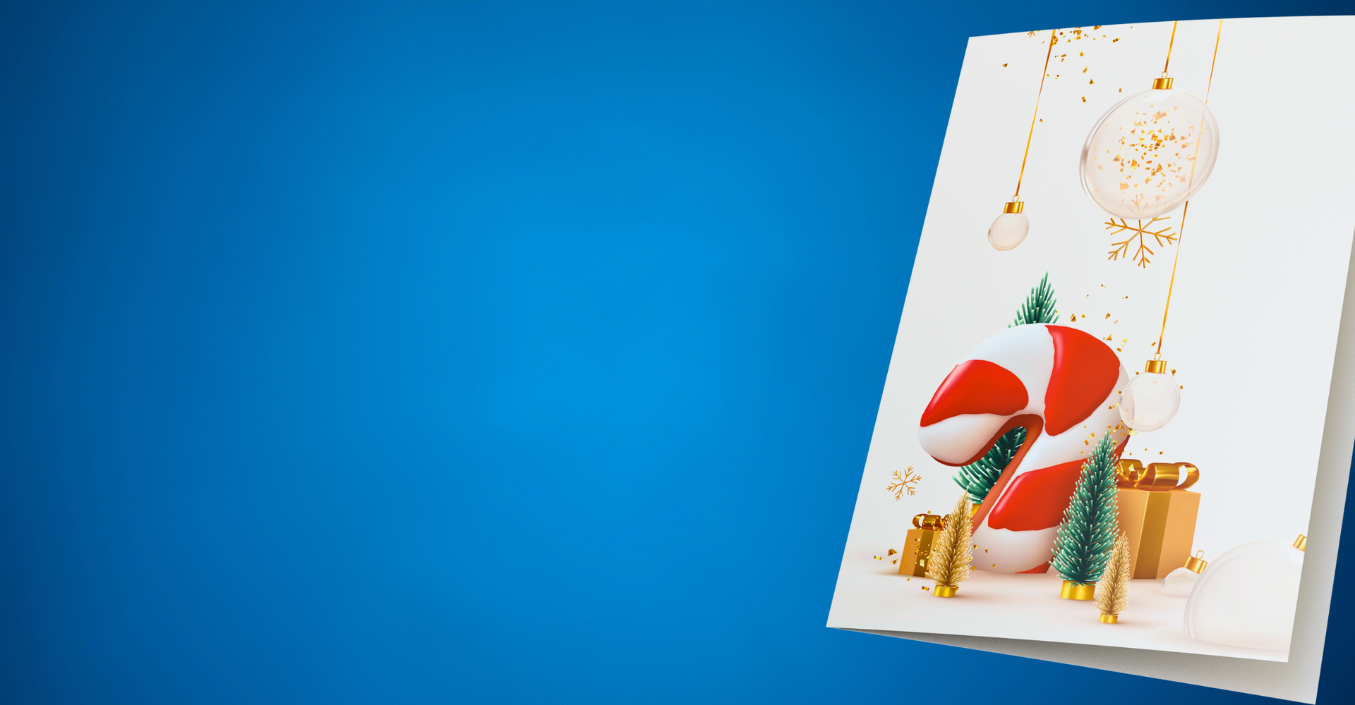 Foto su sfondo azzurro di un biglietto natalizio con un candy stick e dettagli dorati, uno dei prodotti solidali ordinabili sul sito della Lega del Filo d'Oro