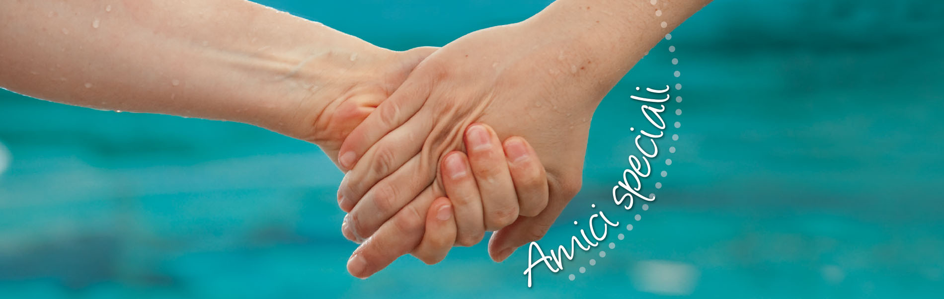 Due mani si stringono, dietro si vede sfuocata l'acqua di una piscina. Vicino alle mani c'è la scritta "Amici Speciali".