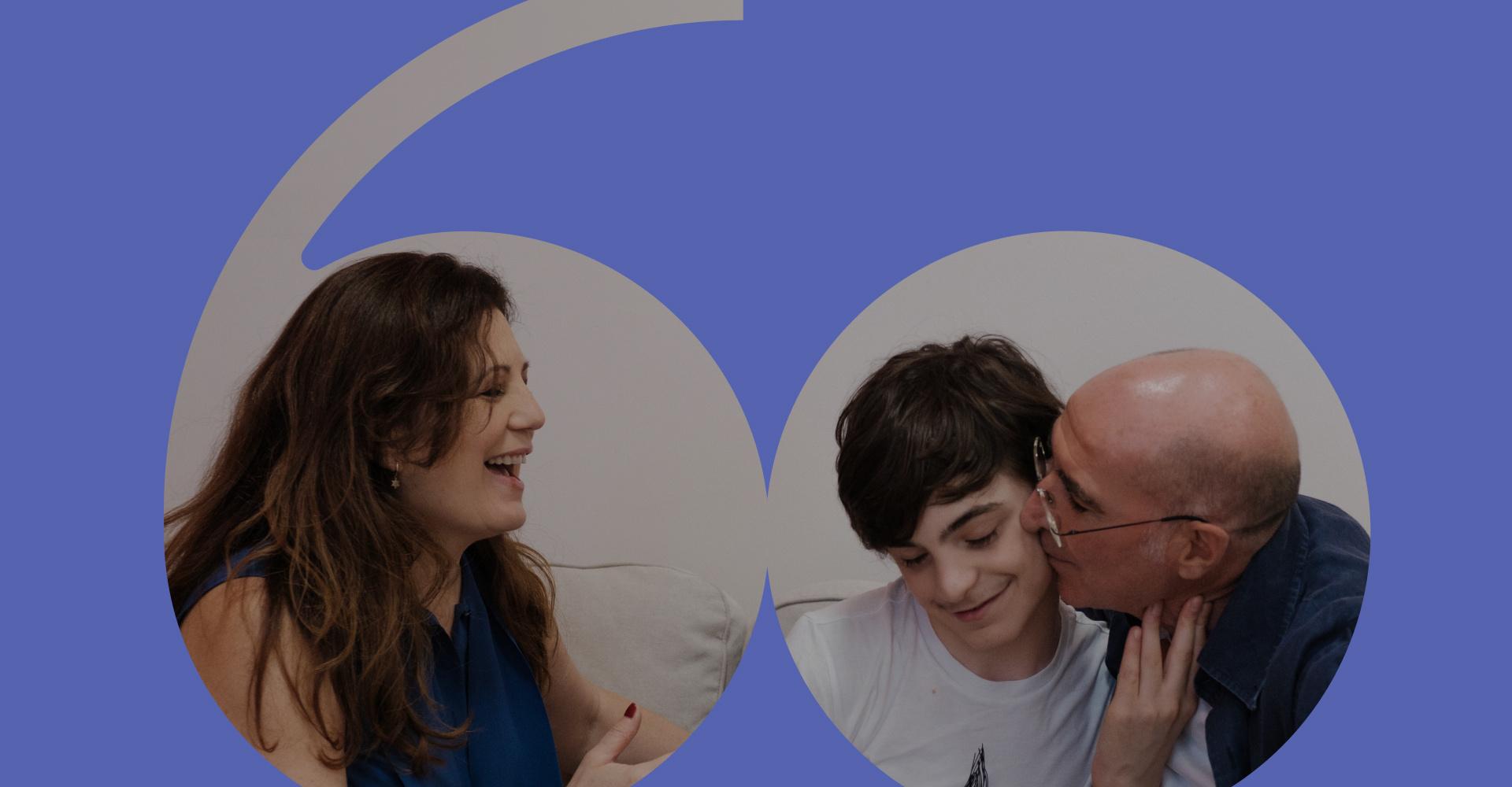 FUn'immagine grafica che rappresenta il logo del 60° anniversario, fomra una cornice di colore viola, all'interno della quale è inserita una foto di Francesco, una ragazzo utente della Lega del Filo d'Oro, con i suoi genitori