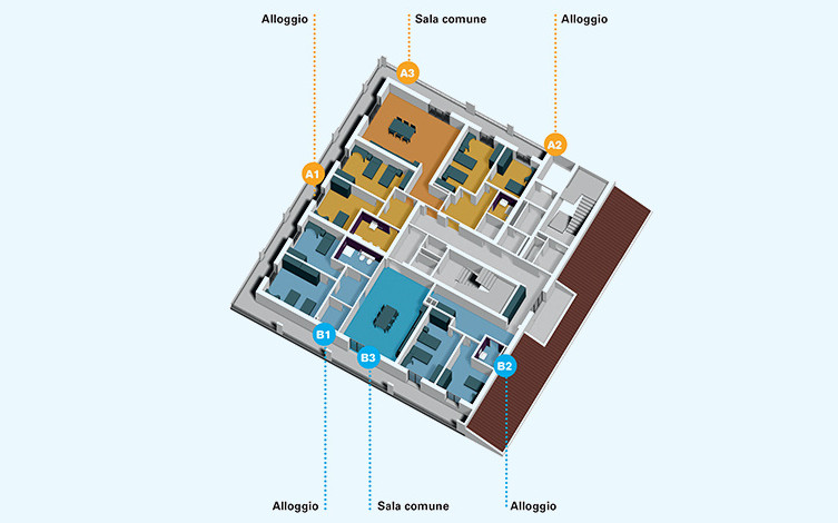 Centro Nazionale: piantina dell edificio 4 - piani terzo e quarto che illustra la funzione dei singoli edifici evidenziati in diversi colori
