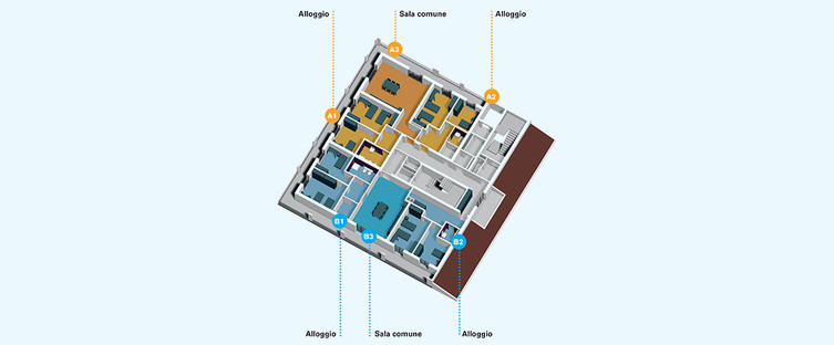 Centro Nazionale: piantina dell edificio 4 - piani terzo e quarto che illustra la funzione dei singoli edifici evidenziati in diversi colori