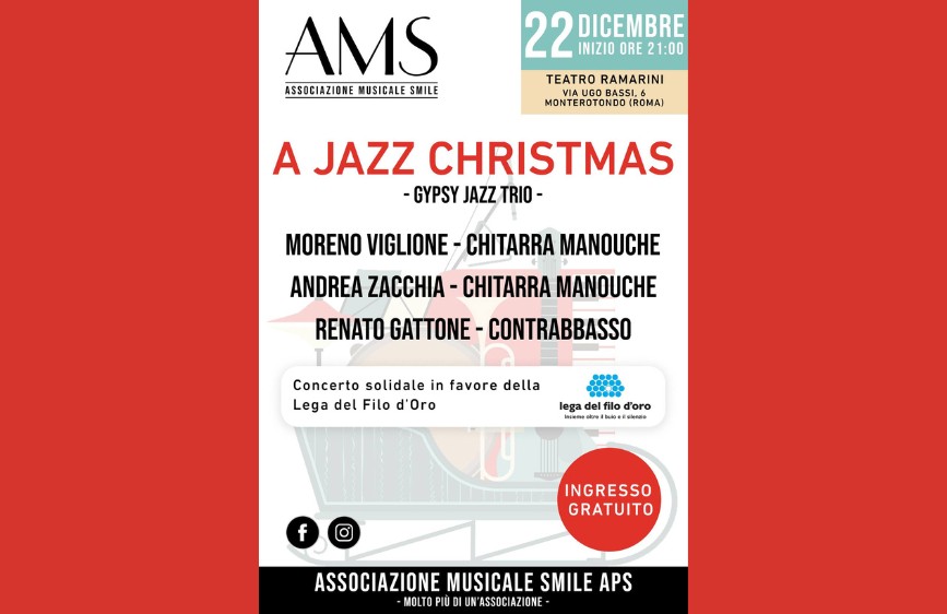Il 22 dicembre al Teatro Ramarini di Monterotondo (RM) il Gypsy Jazz Trio si esibirà in un concerto gratuito a favore della Lega del Filo d’Oro, con Moreno Viglione, Andrea Zacchia e Renato Gattone.