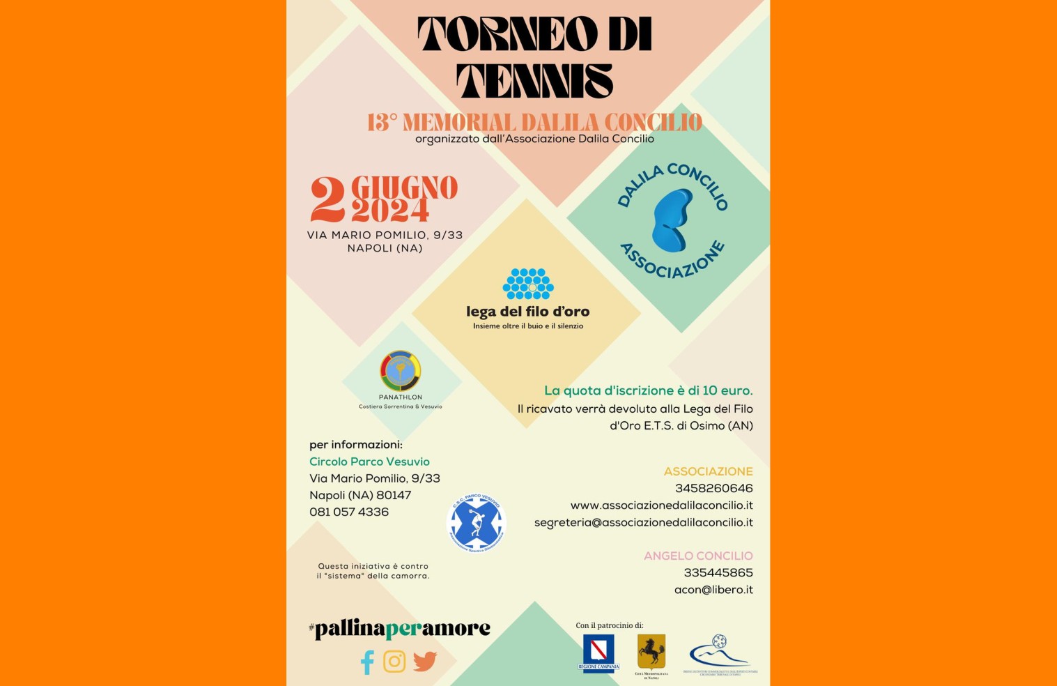 Locandina del Torneo di Tennis “13° Memorial Dalila Concilio” del 2 giugno 2024 a Napoli, con loghi colorati, contatti, e raccolta fondi per la Lega del Filo d’Oro. 