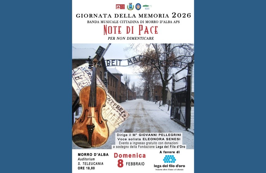 Locandina concerto Note di Pace con immagine violino su ingresso campo concentramento