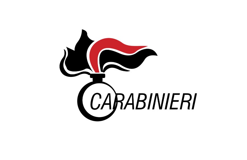 L'immagine mostra il logo dei Carabinieri, con la tradizionale fiamma stilizzata nera e rossa che si erge sopra una granata stilizzata nera. Accanto alla granata, la parola "CARABINIERI" è scritta in nero in un carattere serif.