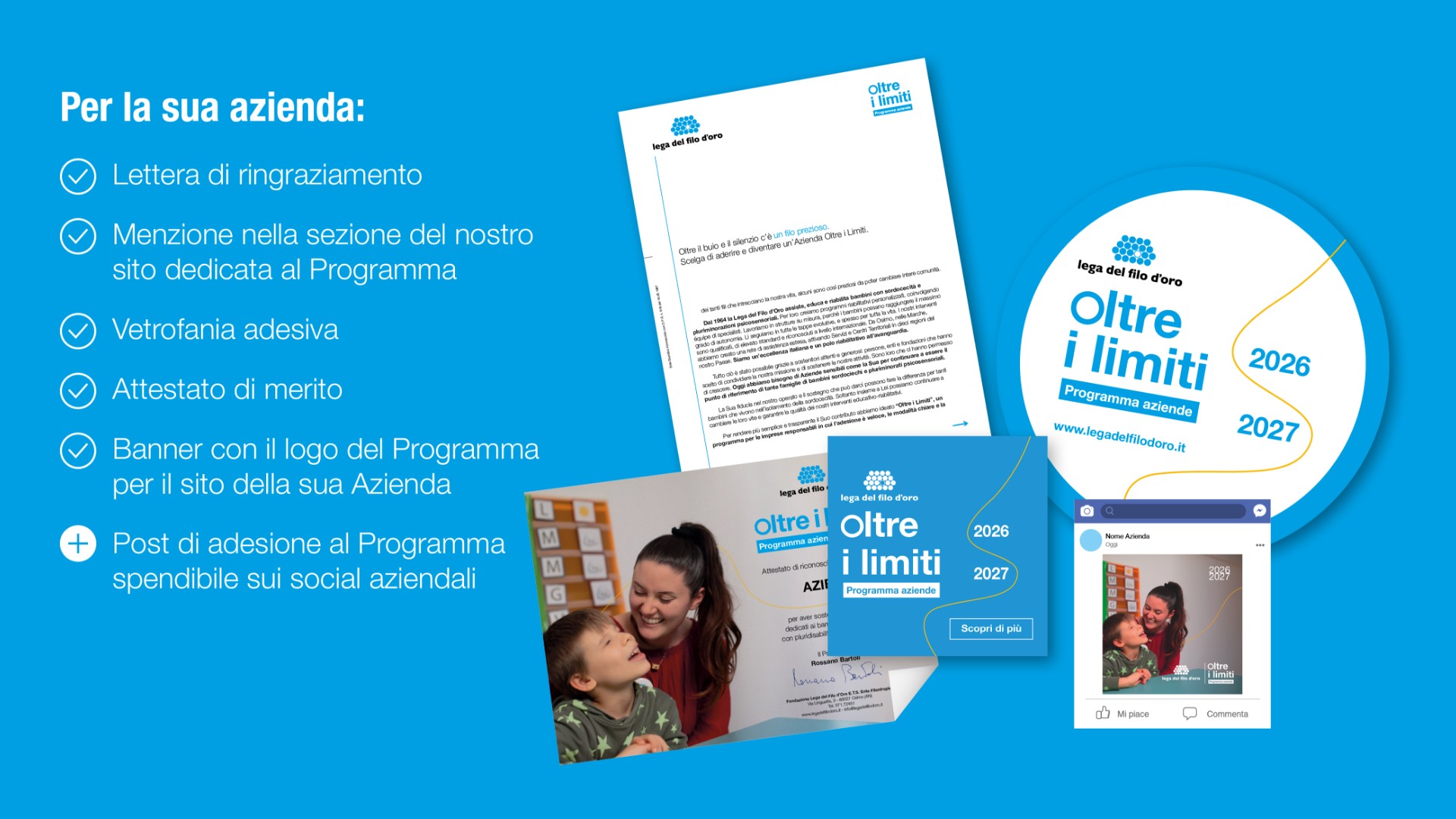 Checklist illustrata dei rewards 2026 del programma Aziende Oltre: vantaggi, riconoscimenti e opportunità per le aziende partner della Lega del Filo d’Oro. Immagine chiara e organizzata per evidenziare benefici e impatto sociale.