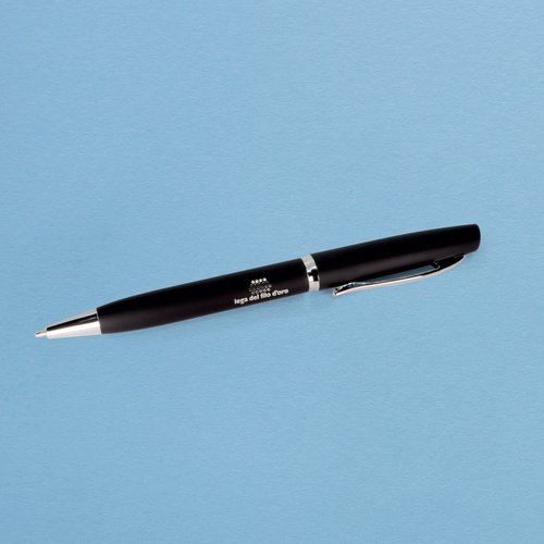 Penna soft-touch nera con logo Lega del Filo d'Oro argentato