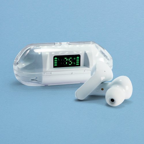 Auricolari Wireless bianchi con custodia di ricarica e display che mostra la carica rimanente