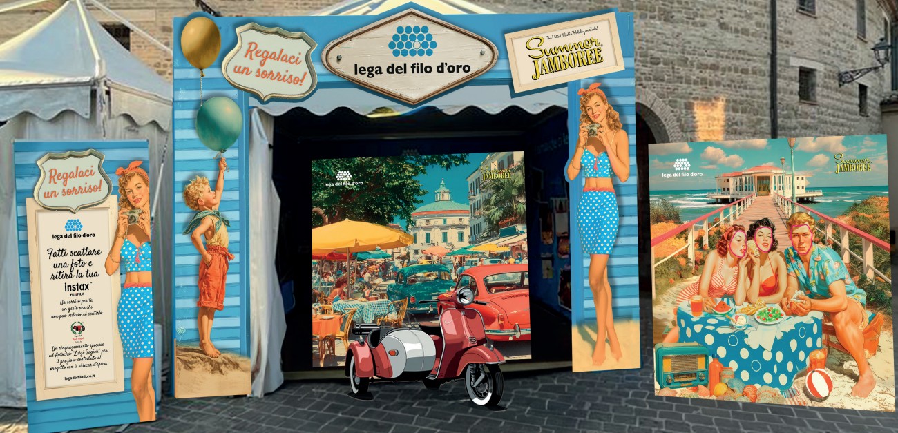 Lo stand della Lega del Filo d'Oro realizzato per l'edizione 2025 del Summer Jamboree. La grafica colorata, in perfetto stile anni 50, racconta l'attività che si può fare presso il nostro stand.