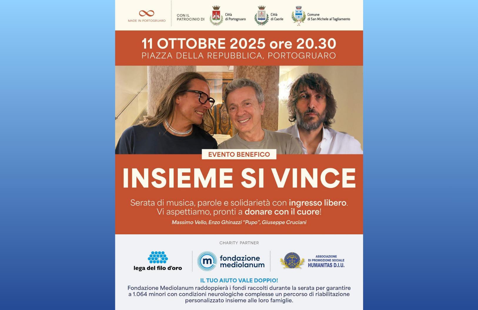 Locandina evento Insiene si vince con 3 immagini : Massimo Vello - Pupo - Giuseppe Cruciani