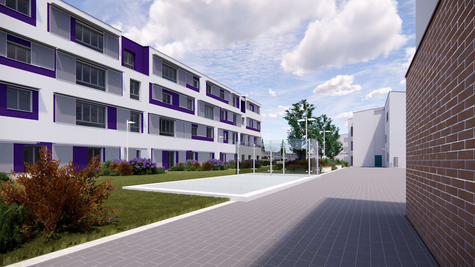 Render dell'area verde del Secondo Lotto del Centro Nazionale di Osimo. Veduta esterna, a sinistra edificio viola con tapparelle bianche. al centro lastrico solare.