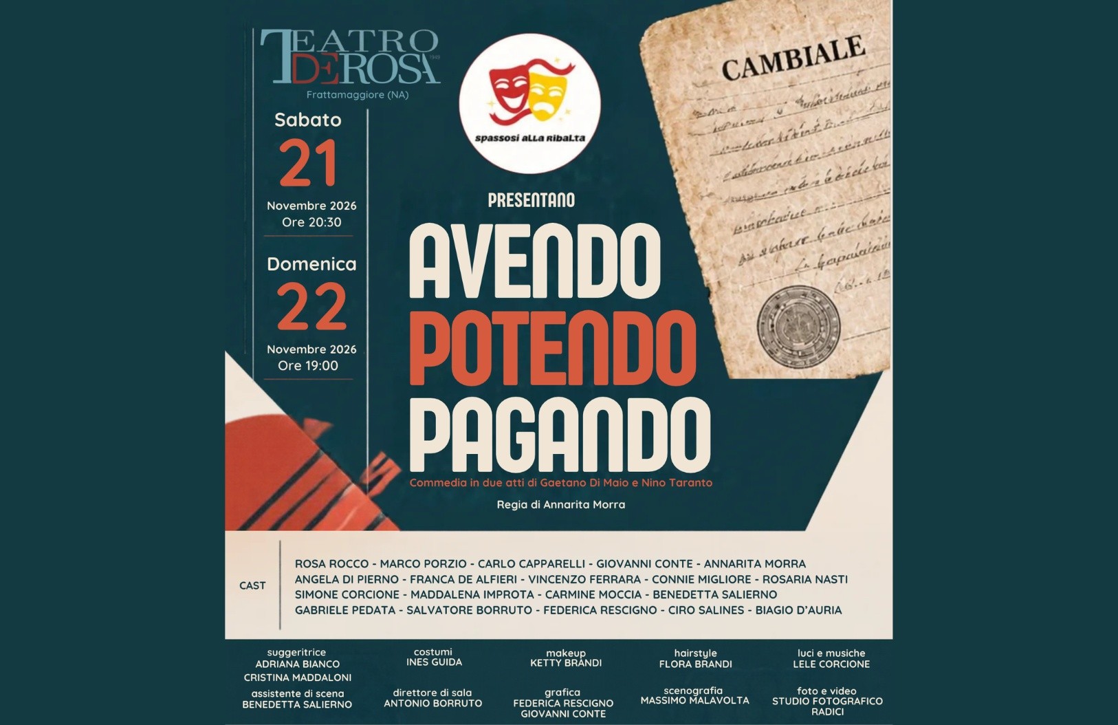 Locandina dello spettacolo teatrale nei toni del verde scuro, con titolo, loghi,date e orari e cast
