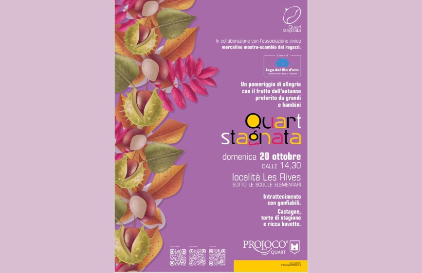 Locandina viola dell’evento autunnale “Quart Stagnata” del 20 ottobre 2024 a Les Rives, con foglie colorate, castagne e attività per famiglie; iniziativa a favore della Lega del Filo d’Oro. 