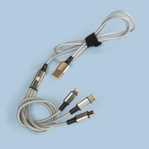 Cavo di ricarica argentato con triplo connettore in uscita (Type-C, Micro USB e Lightning) . Decorato con logo della Lega del Filo d'Oro
