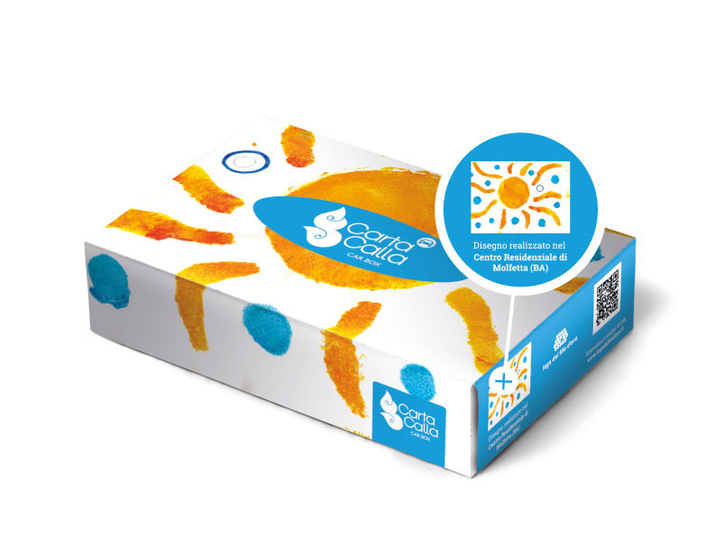 Packaging scatola fazzoletti con la grafica realizzata con i disegni dei ragazzi della Lega del Filo d'Oro per Tigotà