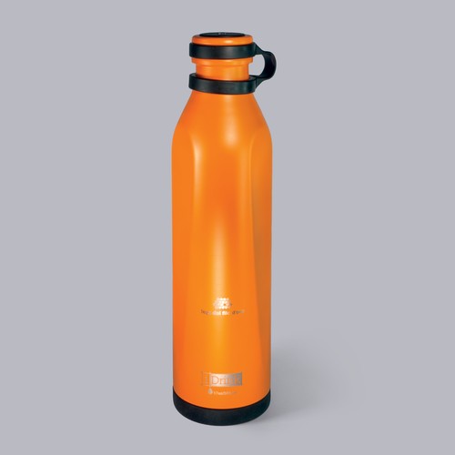 Borraccia termica in acciaio arancione decorata con logo della Lega del Filo d'Oro e logo iDrink incisi. La base e il tappo sono ricoperti da elementi in silicone nero antiscivolo. 14