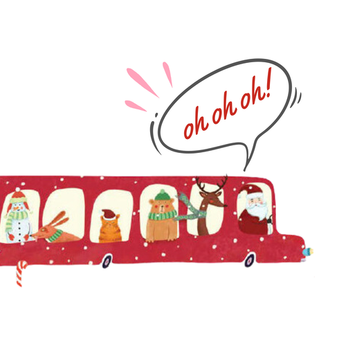 Disegno su sfondo bianco di un autobus rosso guidato da Babbo Natale che ride. I passeggeri dell'autobus (Animaletti e pupazzi di neve) si affacciano dai finestrini 13