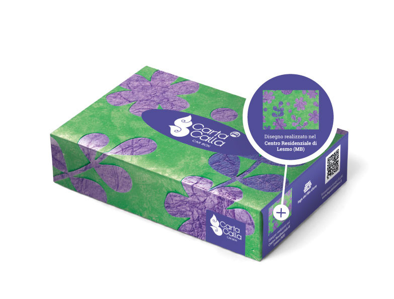 Packaging scatola fazzoletti con la grafica realizzata con i disegni dei ragazzi della Lega del Filo d'Oro per Tigotà