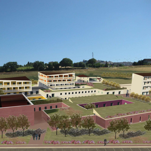 Immagine al computer del progetto del Nuovo Centro Nazionale. Inquadrato dall'alto, ci sono tutti gli edifici, bianchi con infissi di colori diversi, e le aree verdi con fiori e alberi. Sullo sfondo le colline osimane e il cielo azzurro.