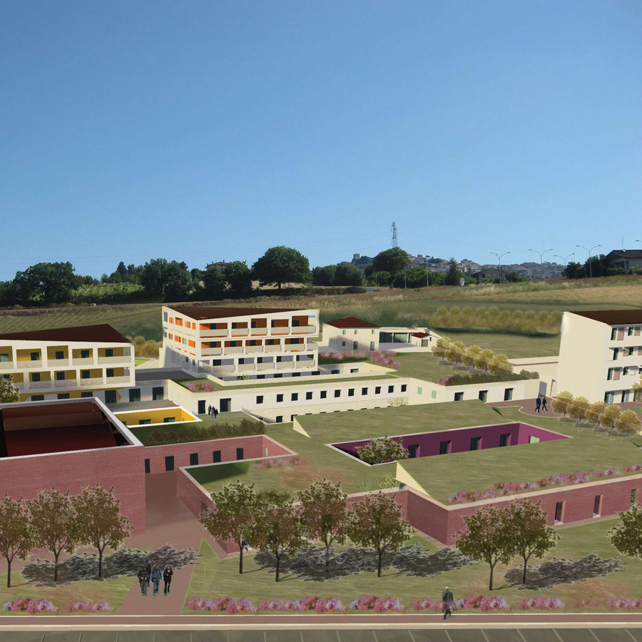 Immagine al computer del progetto del Nuovo Centro Nazionale. Inquadrato dall'alto, ci sono tutti gli edifici, bianchi con infissi di colori diversi, e le aree verdi con fiori e alberi. Sullo sfondo le colline osimane e il cielo azzurro.