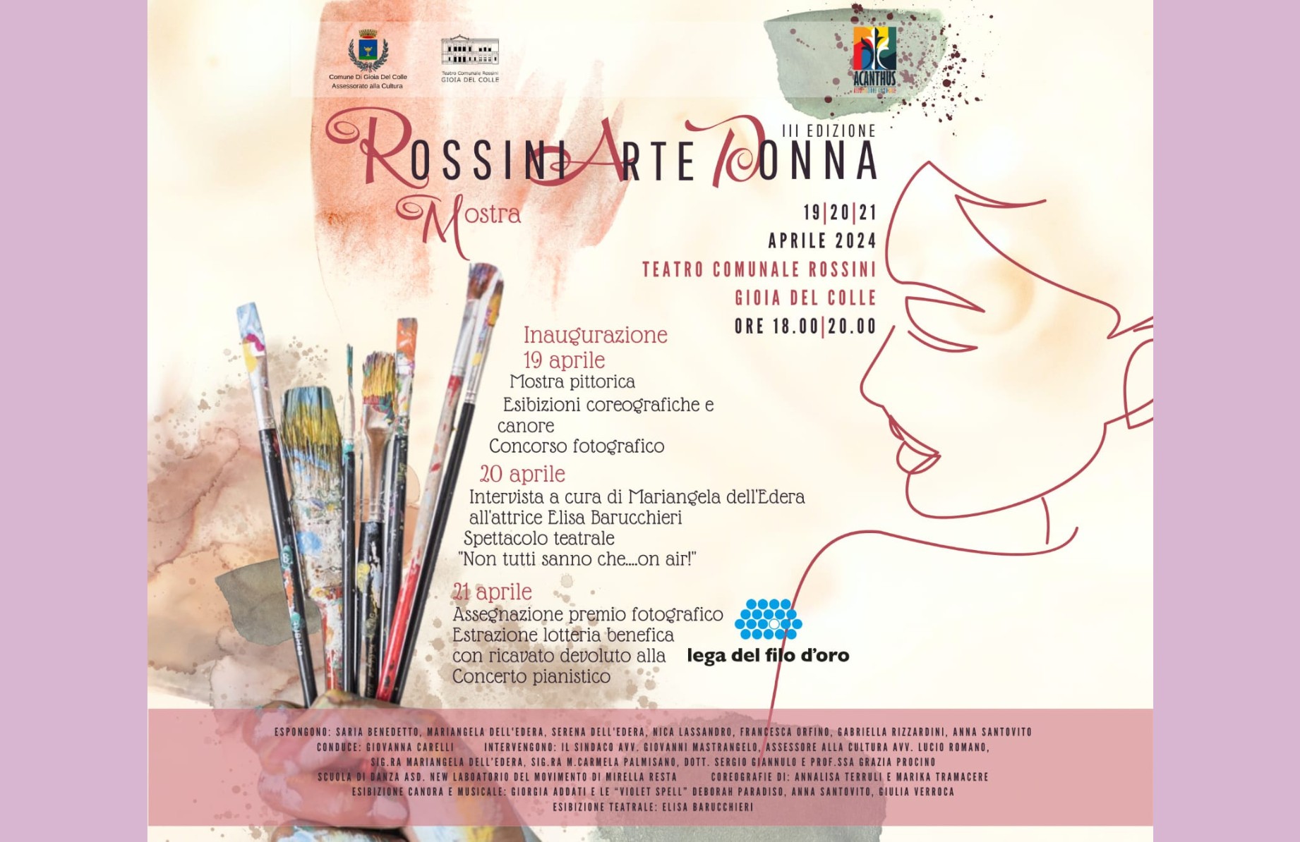 Locandina artistica della mostra “Rossini Arte Donna” con sagoma stilizzata di un volto femminile, pennelli colorati e dettagli dell’evento al Teatro Rossini dal 19 al 21 aprile 2024. 