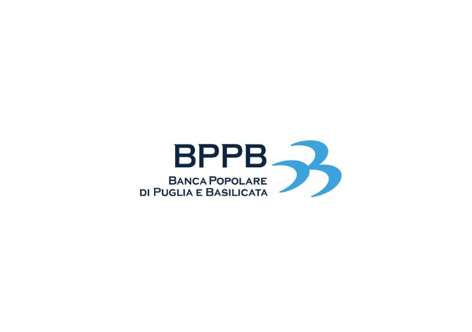 Logo Banca Popolare di Puglia e Basilicata su sfondo bianco con scritte blu scuro e azzurre.
