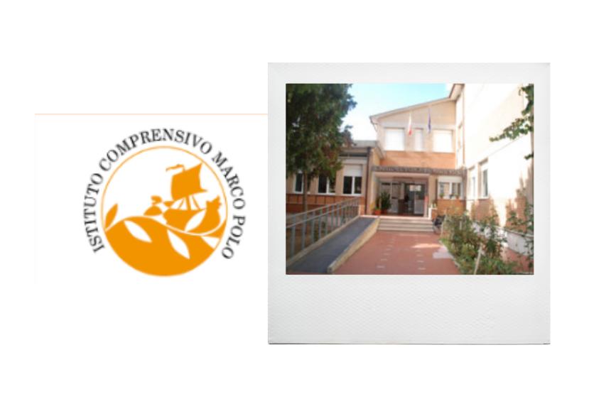 L'immagine mostra su uno sfondo bianco un logo circolare arancione a sinistra, con una nave stilizzata e la scritta "Istituto Comprensivo Marco Polo". A destra, è presente una fotografia in stile Polaroid che ritrae l'edificio scolastico dell'istituto, con la sua entrata e alcune finestre.